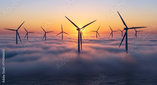 Wind turbines standing above sea fog during sunset  