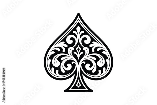 Ornate decorative ace of spades playing card symbol with intricate floral design