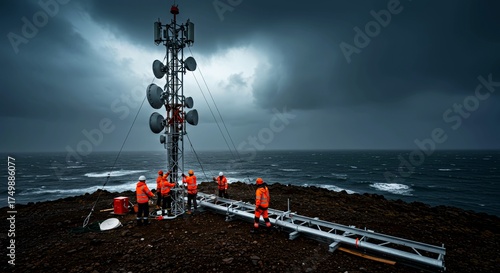 Workers installing telecommunications tower on rocky coastline under stormy sky  