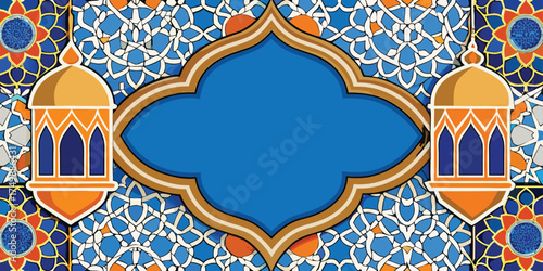Elegant Islamic decorative background with colorful geometric mosaic patterns at the bottom, featuring blue, orange, and white floral tile designs