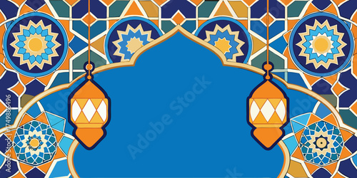 Elegant Islamic decorative background with colorful geometric mosaic patterns at the bottom, featuring blue, orange, and white floral tile designs