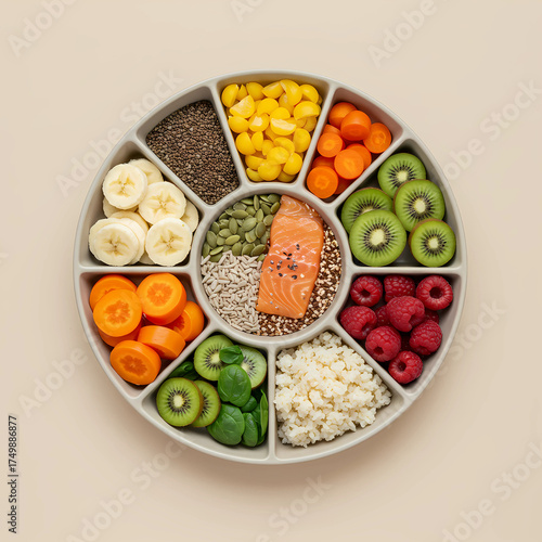 Balanced nutrition concept for World Food Day, flat lay of fruits, vegetables, and grains on divided plate, minimalist healthy diet background