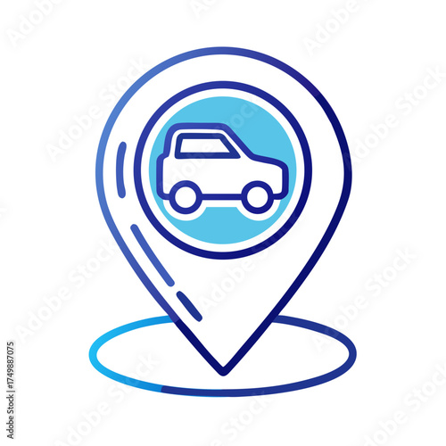 Location pin with car icon in blue and white design  