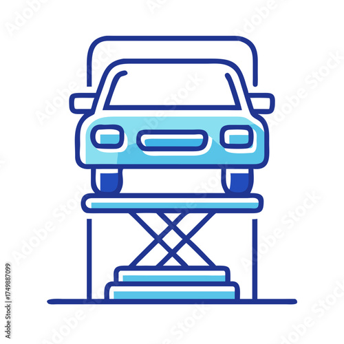 Car on hydraulic lift in automotive garage service icon  