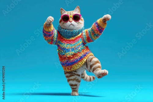 A cartoon cat wearing a vibrant sweater and sunglasses, dancing