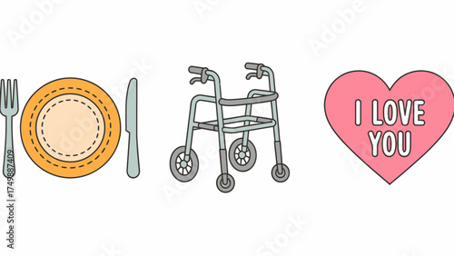 Celebrating Seniors with Love Food and Mobility Support Heartfelt Graphic Illustration