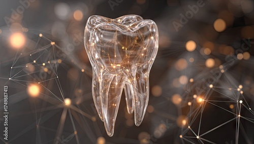 Transparent molar illustration, connected by glowing lines, amidst blurred orange bokeh, futuristic