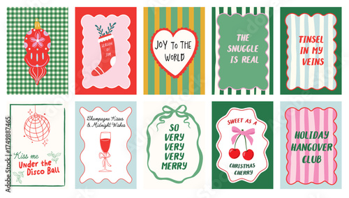 Merry Christmas and Happy New Year print set with Bows, wavy borders. Colorful retro quotes and icons stocking, ornament, cherries, disco ball, and joyful messages. Perfect holiday decor, art posters.
