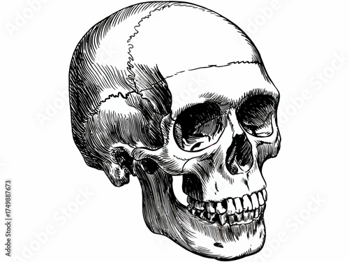 Detailed Skull Drawing in Black and White Anatomical Illustration Human Anatomy Art Education Halloween Decoration Gothic Theme Creepy Art