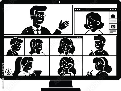 Online meeting concept with people connecting through video conference on computer screen isolated on white background remote work and virtual communication vector illustration in black and white