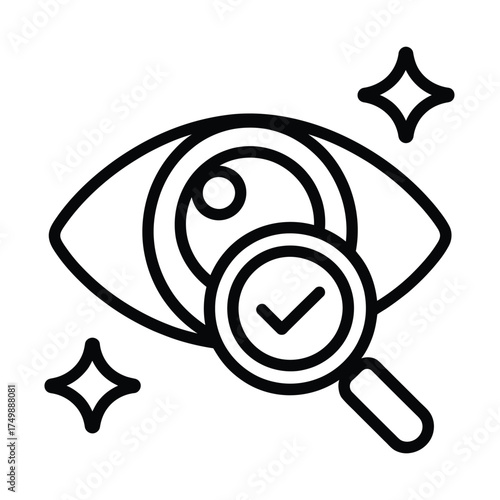 Magnifying glass over eye with checkmark and sparkles representing vision check