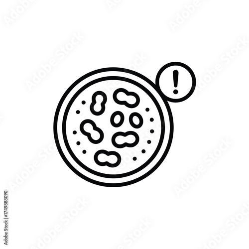 Microscopic bacteria culture in petri dish with warning symbol indicating contamination or alert