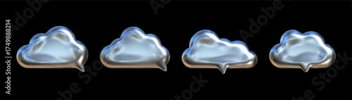 Horizontal arrangement of four stylized speech bubbles with chrome finish against a black background showcasing modern communication symbols.