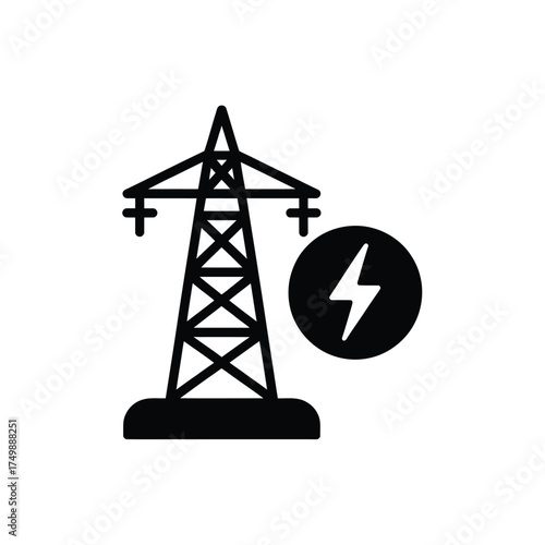 Iconic black silhouette of an electrical power tower with a lightning bolt symbol