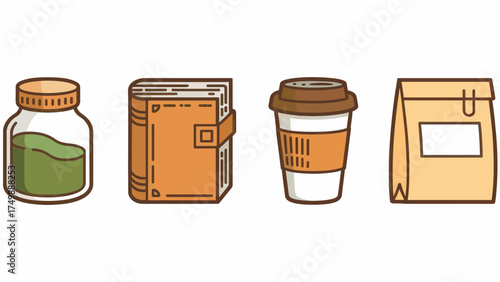 Minimalist flat lay illustration of items for work or school including a jar of greens a closed book coffee cup and takeout bag