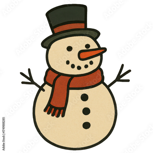 Smiling Snowman with Red Hat and Scarf in Winter Illustration