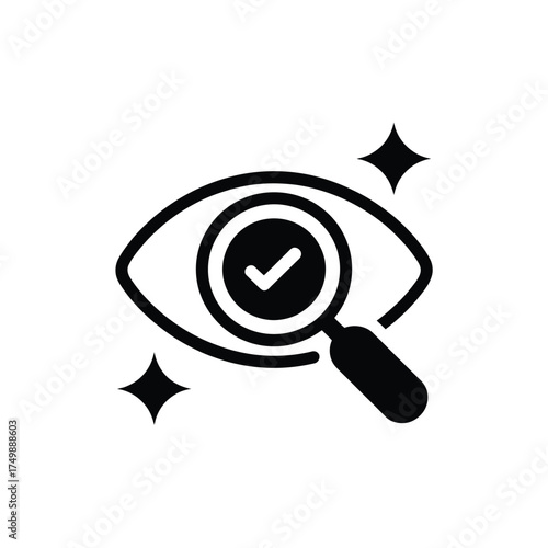 Hand drawn eye icon with magnifying glass and checkmark symbol for inspection and verification