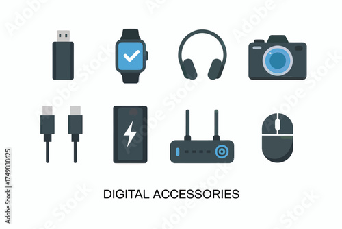 Set of Digital Accessories Flat Vector Illustration with Camera Smartwatch Headphones USB and Mouse Powerbank Router Cables in a Clean Design