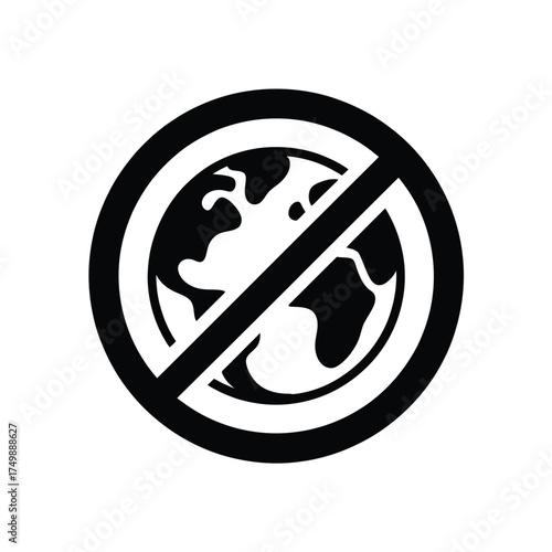 Black and white prohibition symbol over a stylized globe icon