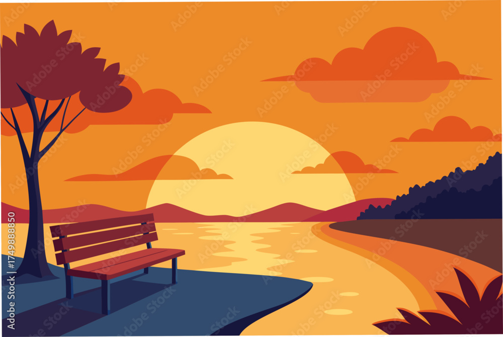 Obraz premium Sunset landscape with bench and water view on transparent background
