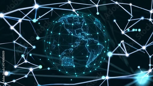 Digital Earth globe with interconnected network lines and dots representing global communication and technology.