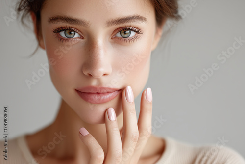 Woman with beautiful skin and manicured nails posing for camera
