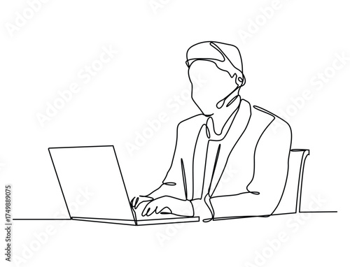 Continuous one line art of professional support agent working at desk with computer and headset. Man Working as Customer Support.
