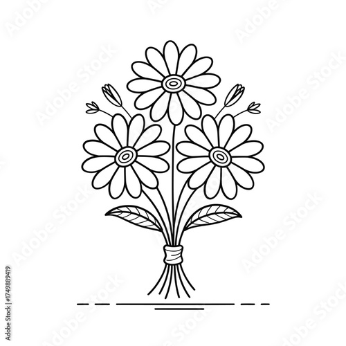 Simple hand drawn outline bouquet of daisies with buds and leaves tied with ribbon