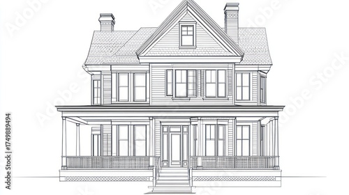 Sketch of a house with porch and background for architectural plans, illustrations, or art projects