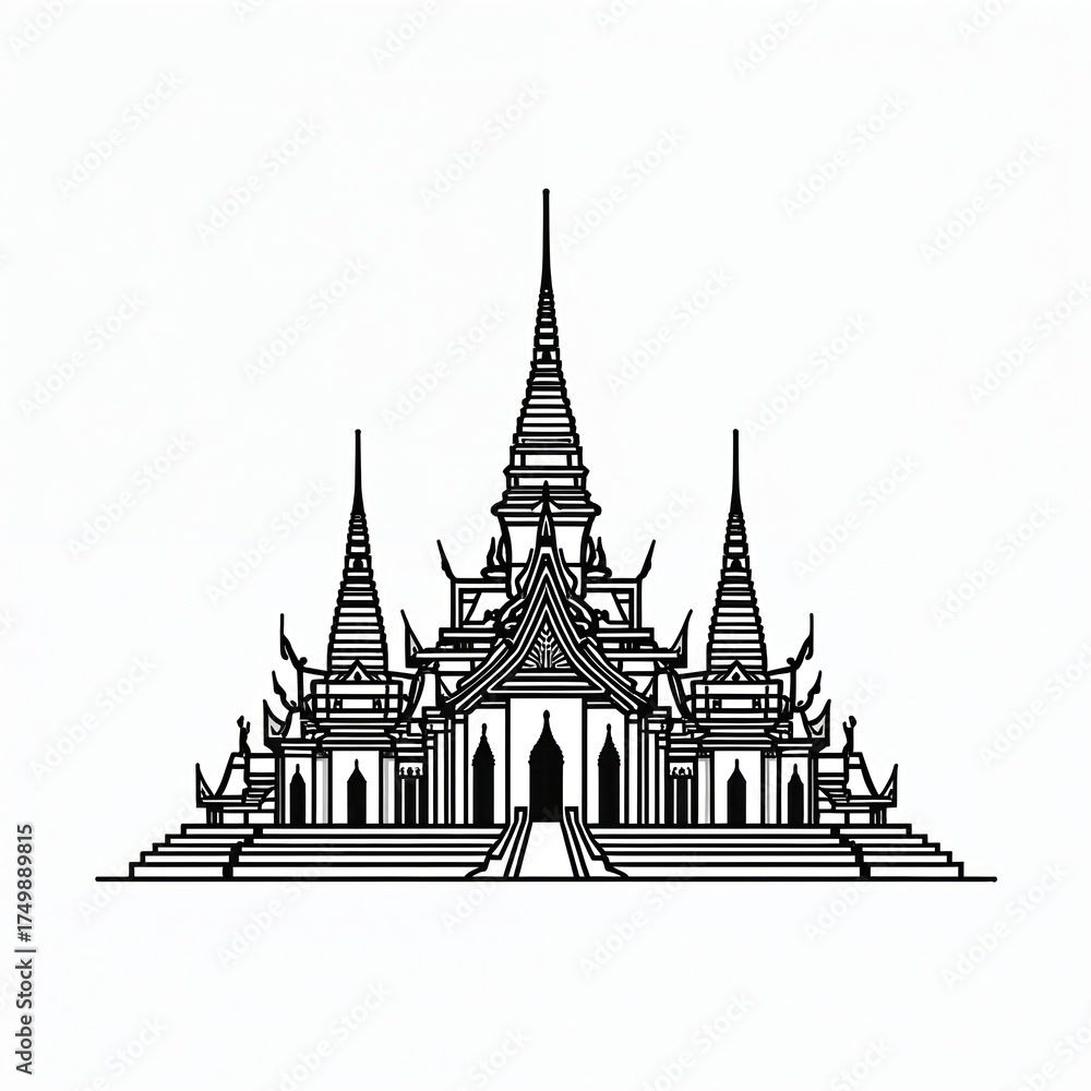 Obraz premium Minimalist line art illustration. Temple silhouette in black outline. Architectural design on white background. Spiritual concept for travel branding. Symbolic visual for meditation and reflection.