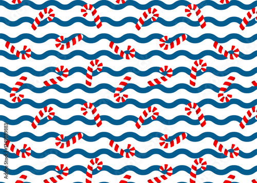 Cute Christmas seamless pattern with candy canes. Hand drawn doodle style background for holiday wrapping, cards, fabric, textile, and festive decoration.