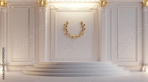 Podium with golden wreath decoration, for product display in a white stage scene
