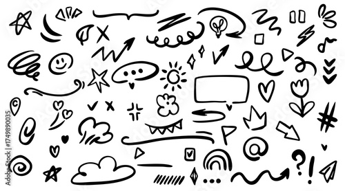 Doodle cute stars and sparkle pen line elements. Hand drawn hearts, glitter, and decoration icons in simple sketch style. Emphasis and pattern elements set. Vector illustration.