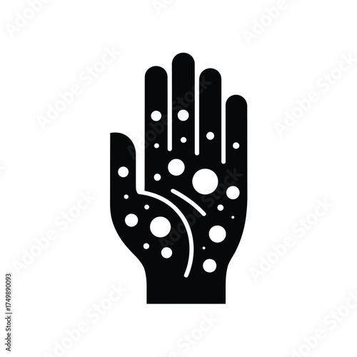 Black silhouette of a human hand with celestial stars and planets scattered across palm