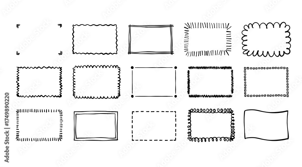 Fototapeta premium Doodle hand drawn rectangle frames set. Scribble pencil square and rectangular empty text boxes. Simple line border design elements for notes, highlights, or decoration. Vector illustration.
