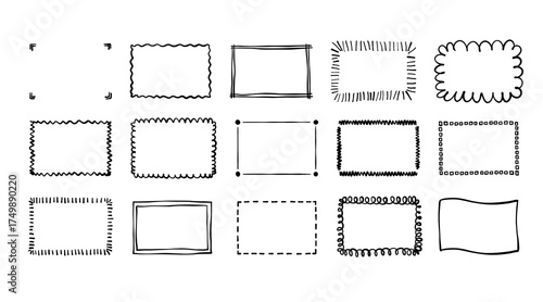 Doodle hand drawn rectangle frames set. Scribble pencil square and rectangular empty text boxes. Simple line border design elements for notes, highlights, or decoration. Vector illustration.