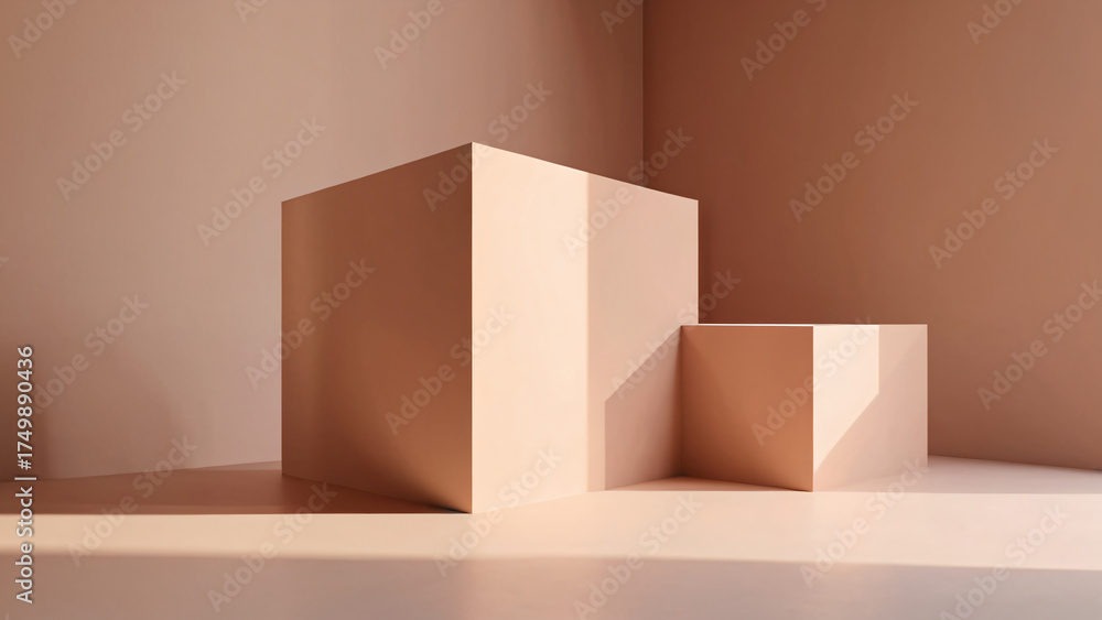 Fototapeta premium Architectural volumes bathed in sunlight and shadow play creating a dramatic empty scene