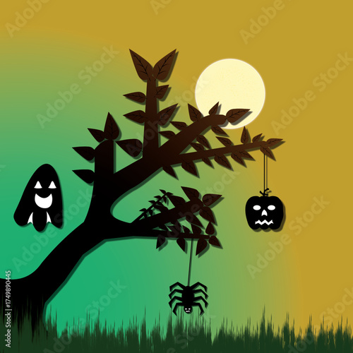 A spooky silhouette of a tree at night with a ghost, spider, and hanging pumpkin under the branches. Green-yellow background with a full moon creates a mysterious Halloween atmosphere.