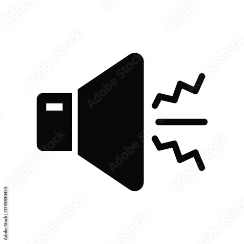 Black silhouette of a speaker emitting sound waves on a white background