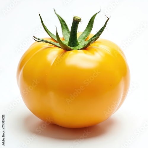 Wallpaper Mural Yellow tomato with green stem on clean white background. This ripe fruit is perfect for healthy meals and cooking ingredients, adding vibrant color. Torontodigital.ca