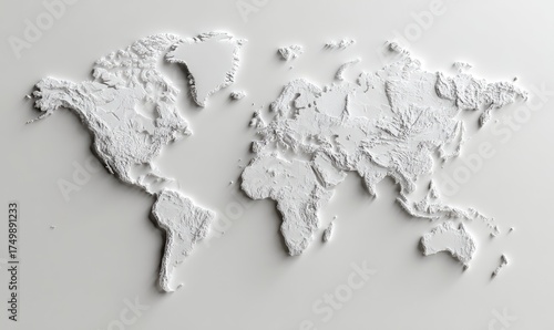 3D world map, light gray relief