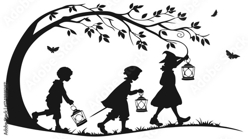 Kids trick or treating lanterns Halloween spooky walk silhouette shows three children in Halloween costumes carrying lanterns, walking under a tree with bats flying