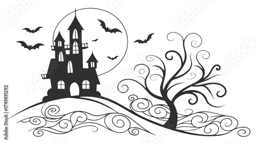 Flying witch on broomstick stars magical Halloween, silhouette of a witch dynamically flying on a broomstick with elaborate costume details and swirling elements