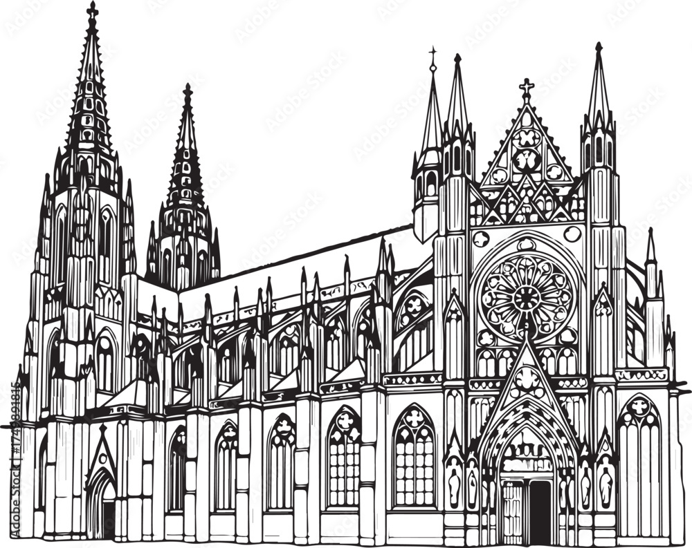 Fototapeta premium Detailed Line Art Illustration of a Grand Gothic Cathedral