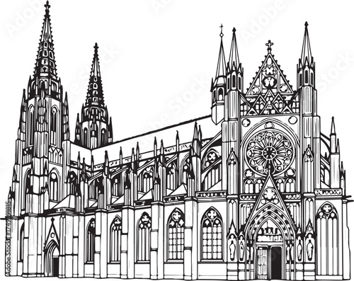 Detailed Line Art Illustration of a Grand Gothic Cathedral