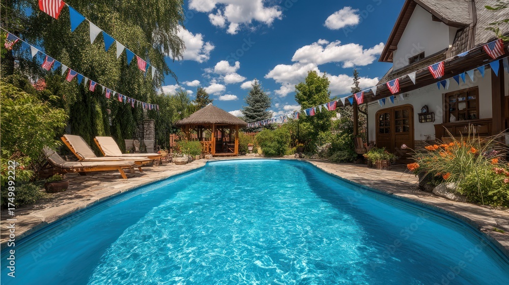Fototapeta premium A sun-drenched backyard boasts a sparkling pool, surrounded by lush landscaping and a charming gazebo.
