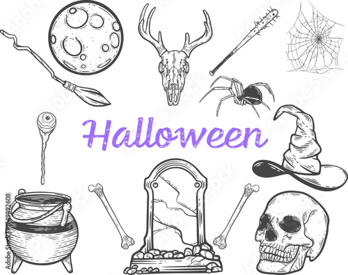 Halloween set, spooky collection, scary decoration, moon, gravestone, bat, eyeball, bone, potion, broom, spider, cauldron, hat, autumn, skull isolated