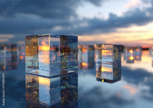 Transparent cubes reflecting a city skyline at sunset
