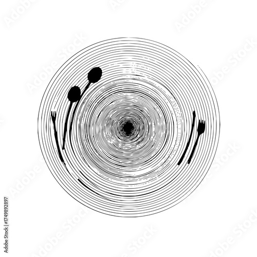 Abstract concentric circle design with cutlery elements including spoons and forks in monochrome style art