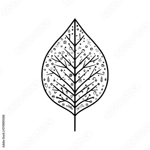 A simple line drawing of a leaf with internal branching and small circular and abstract shapes inside it